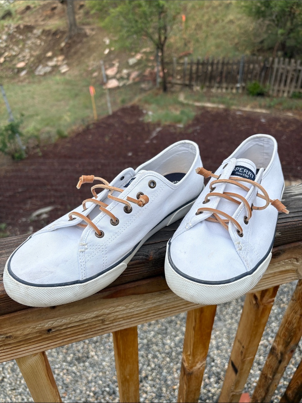 Sperry White Canvas Boat Shoes with Tan Laces